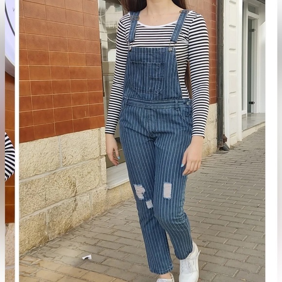 Women's Vintage Y2K Pinstripe Denim Bib Overalls Dungaree Conductor Size M/L - Picture 4 of 15